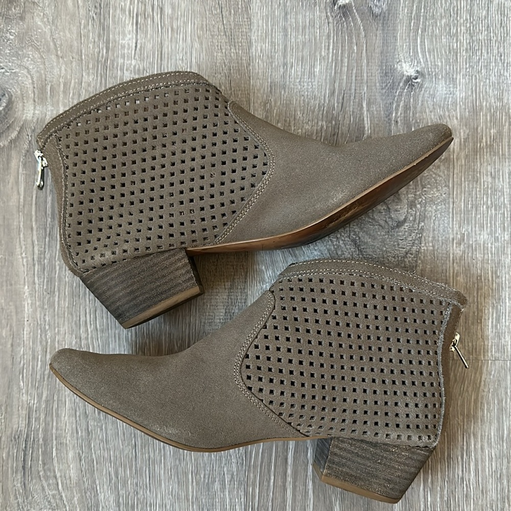 ANTHRO SIXTYSEVEN Taupe Suede Perforated Leather Ankle Booties